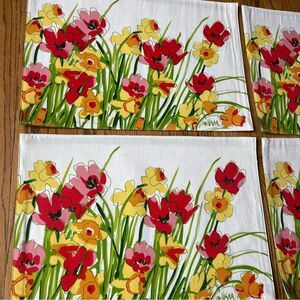 Vintage Vera Neumann Daffodil Floral Placemats Set of 4 Reversible Solid Green